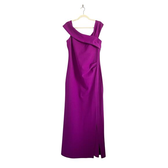 Rickie Freeman Teri Jon Maxi dress Magenta Sz 14 Chic Asymmetrical Shoulder Gown - Picture 2 of 11